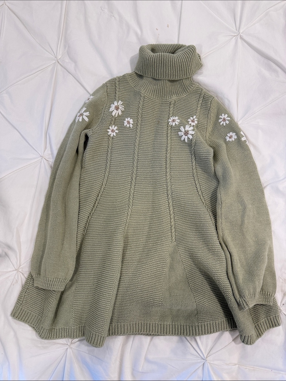 cupcakes & cashmere Sage Green Turtleneck Dress with Daisy Embroidery